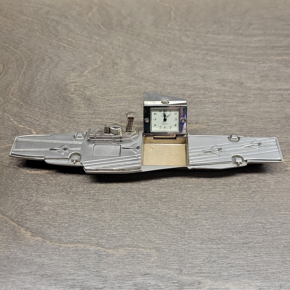 Vintage US Navy Aircraft Carrier Small Desk Clock Metal Figurine Quartz Military
